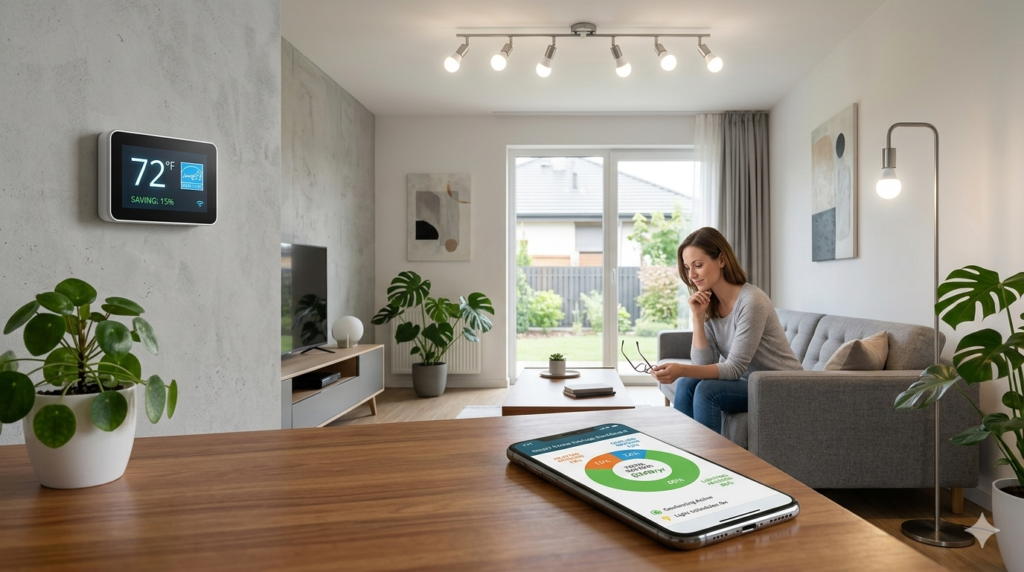 Smart home devices including thermostat and lighting showing money-saving upgrades in modern living room