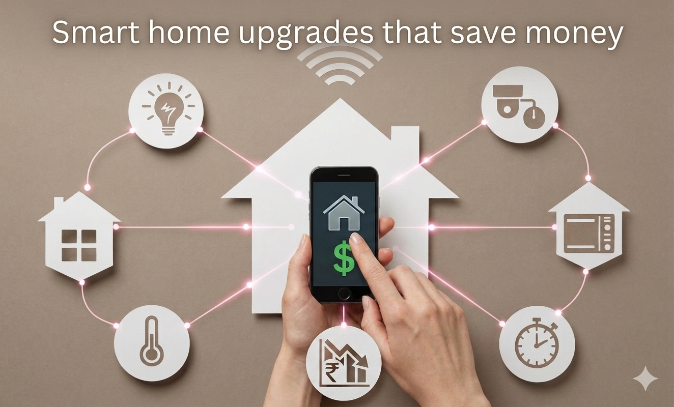 Smart home devices including thermostat and lighting showing money-saving upgrades in modern living room