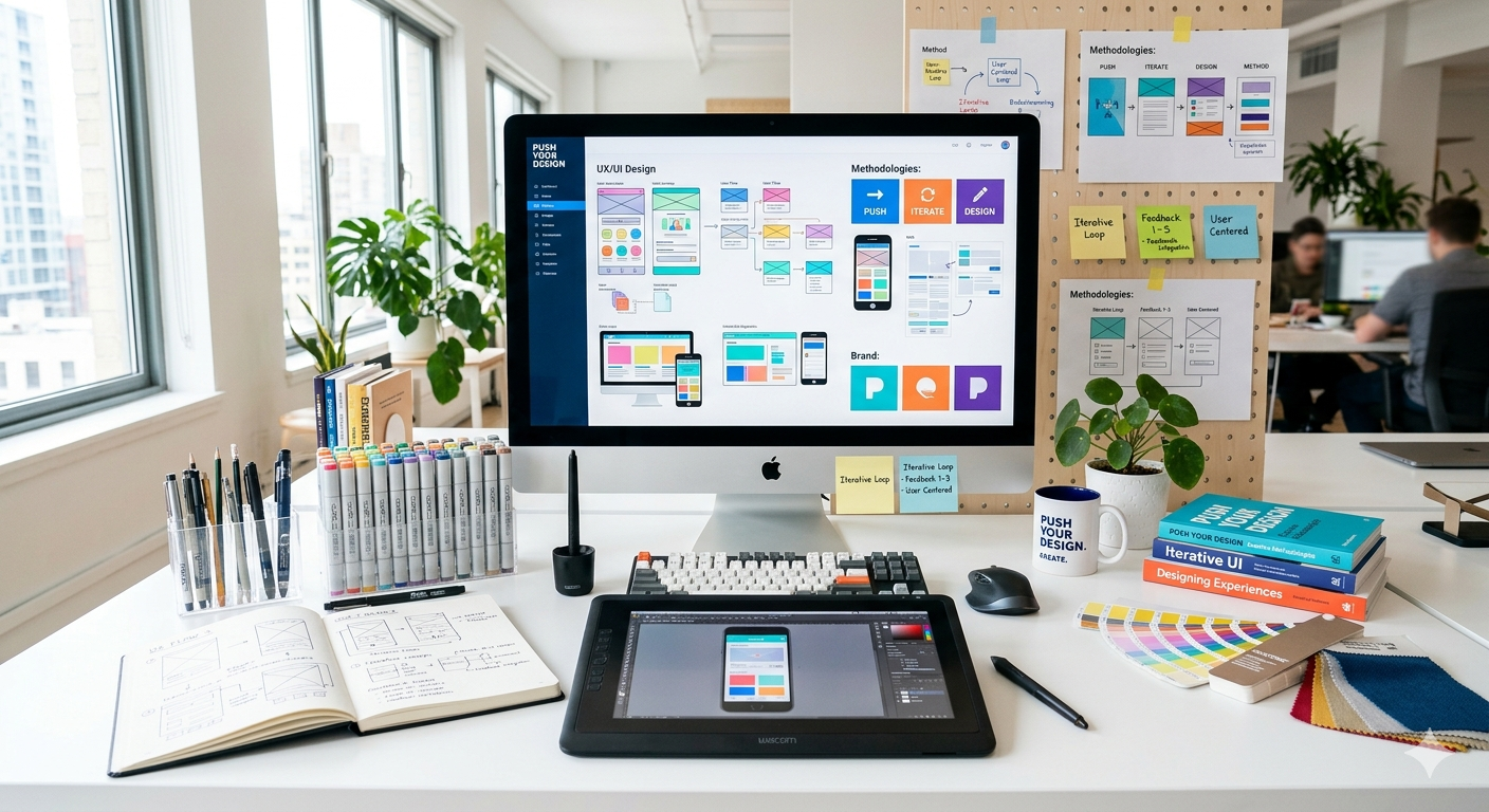 Professional design workspace showcasing how designs encompass pushyourdesign creative methodologies